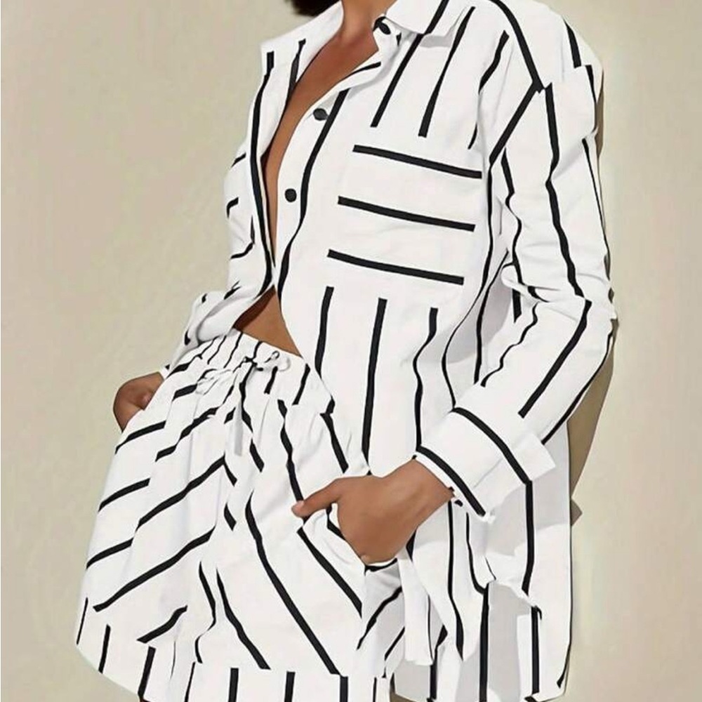 White Button-Up Top & Shorts Set with Black Vertical Stripe